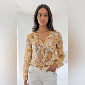 TUCKER Yellow Cream Paisley Silk Boho Peasant Button Front L/S Blouse Top Medium